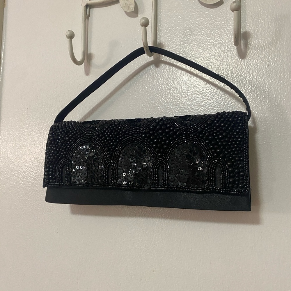 Chic Black Beaded Sequin Evening Clutch